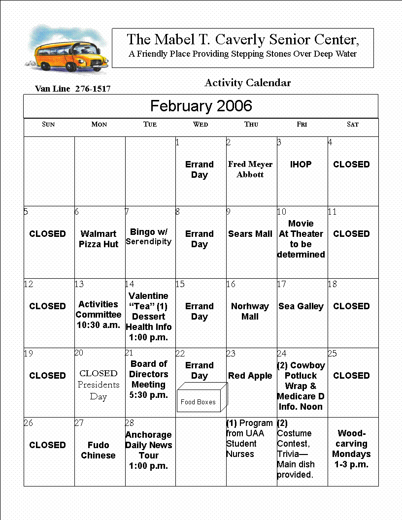 Mabel T. Caverly Senior Center Calendar for February 2006