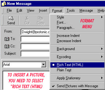 Use the Rich Text (HTML) format to insert pictures in the message.