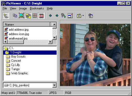 This is a screen image. By the way, this is the free program Pic Viewer. The picture is of my wife Mary and son Jacob at a Boy Scout Eagle project. Fall 2000