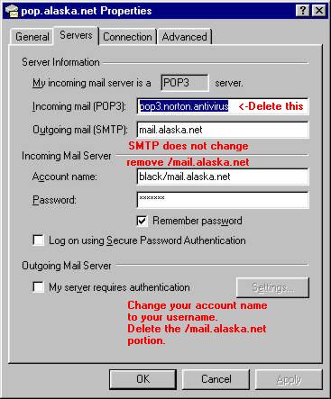 Change the POP setting POP3.norton.antivirus to the setting for your mail server. See the list above for Anchorage area servers