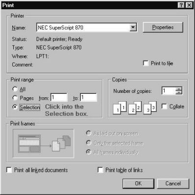 If the Selection boxed is grayed out, it means you have not selected a portion to print.