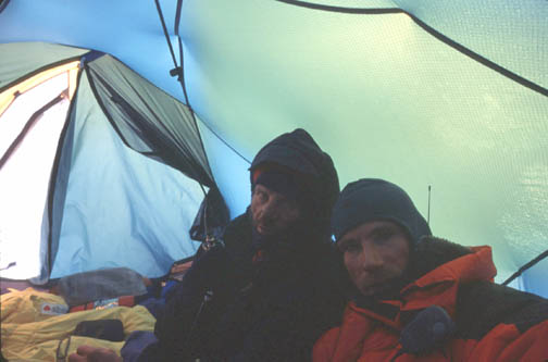 Ryszard and Jacek in the tent at camp 3 after Ryszard's epic descent from
the summit. Note Ryszard's black, frost bitten nose. (self portrait)
