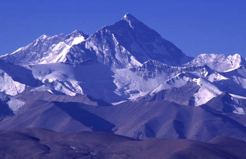 Lhotse (left) and Everest on the right is the most prominent feature of the
Tibetan landscape - there is no question as to what mountain is the highest
in the world.