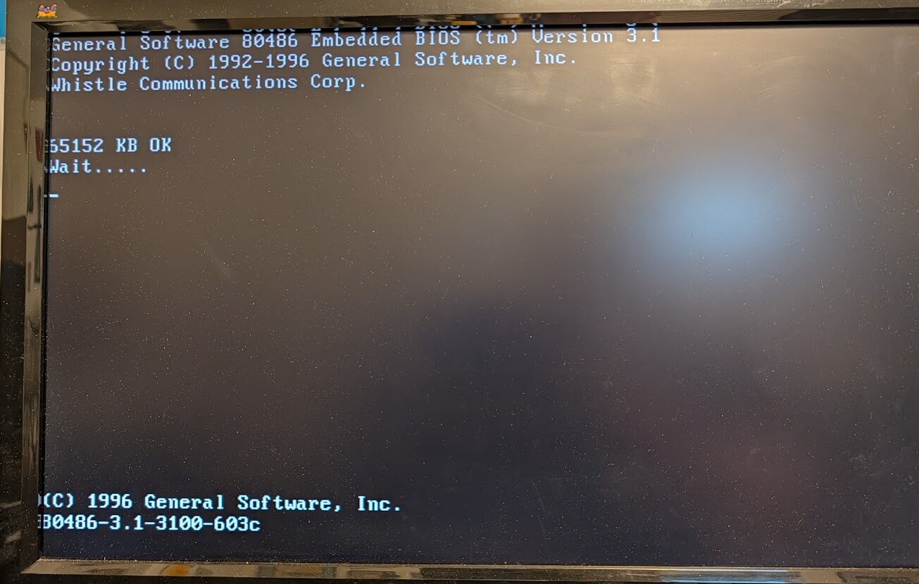 The power-on self test on an ISA VGA card: General Software 80486 Embedded BIOS (tm) Version 3.1, Whistle Communications Corp., 65152 KB OK.