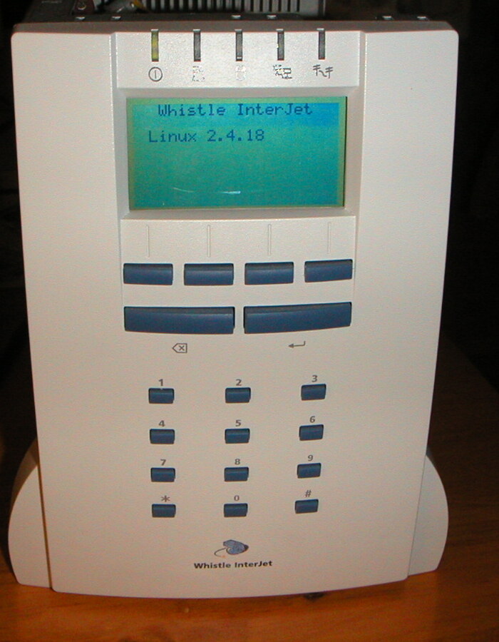 An InterJet running Linux in 2002, the panel reading Whistle InterJet / Linux 2.4.18.