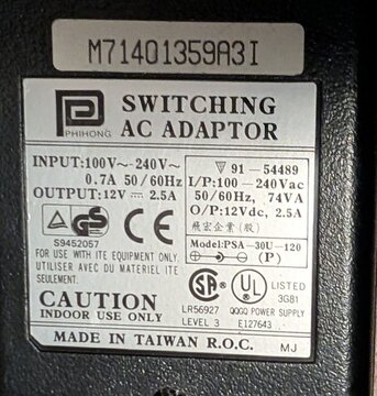 The InterJet power adapter: Phihong PSA-30U-120, 12 V 2.5 A.