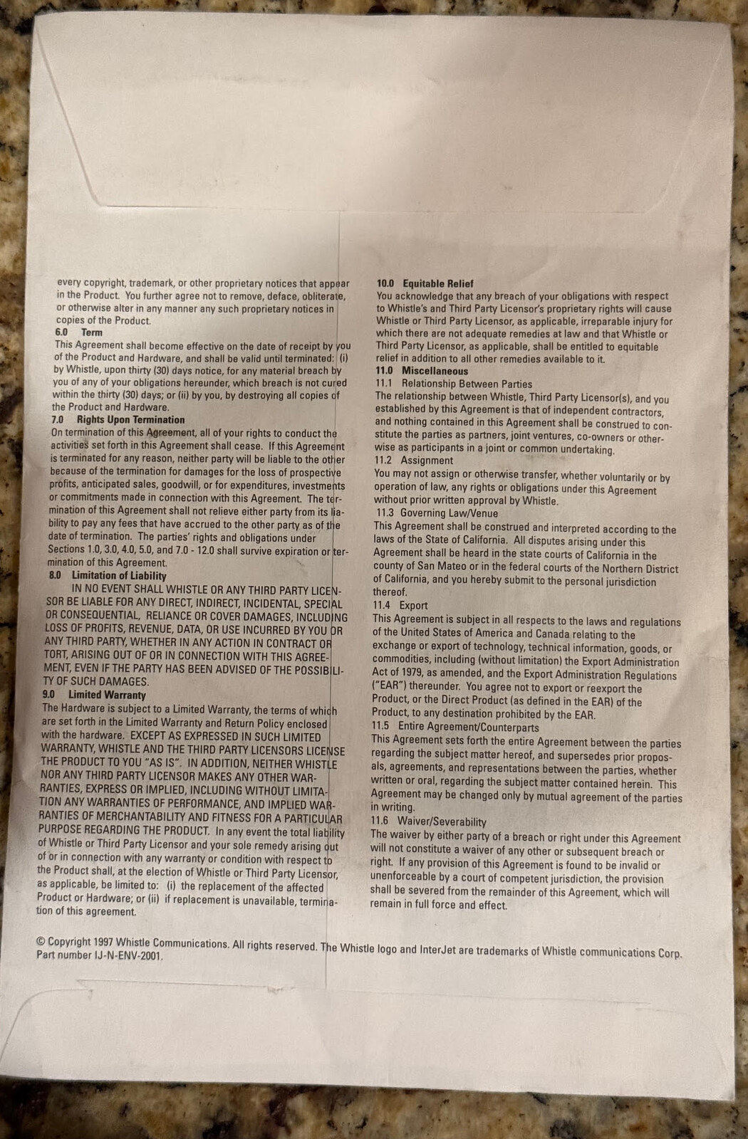 The software envelope, back: the rest of the license agreement, (c) 1997 Whistle Communications, part number IJ-N-ENV-2001.