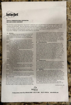 The InterJet software envelope, front: the Whistle Communications Corporation End-User License Agreement.