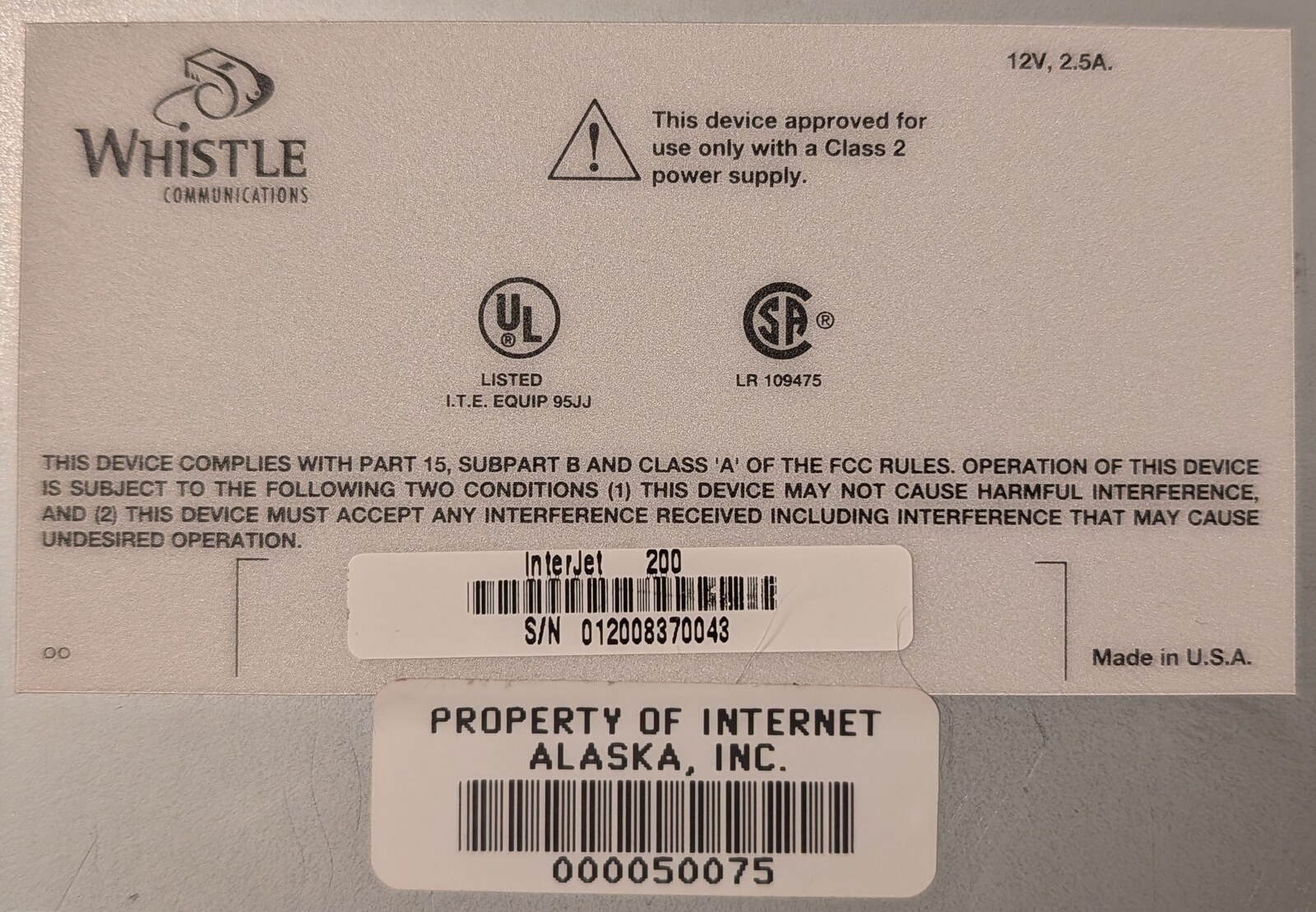 Bottom label of an InterJet 200: S/N 012008370043, 12V 2.5A, with an Internet Alaska asset tag.