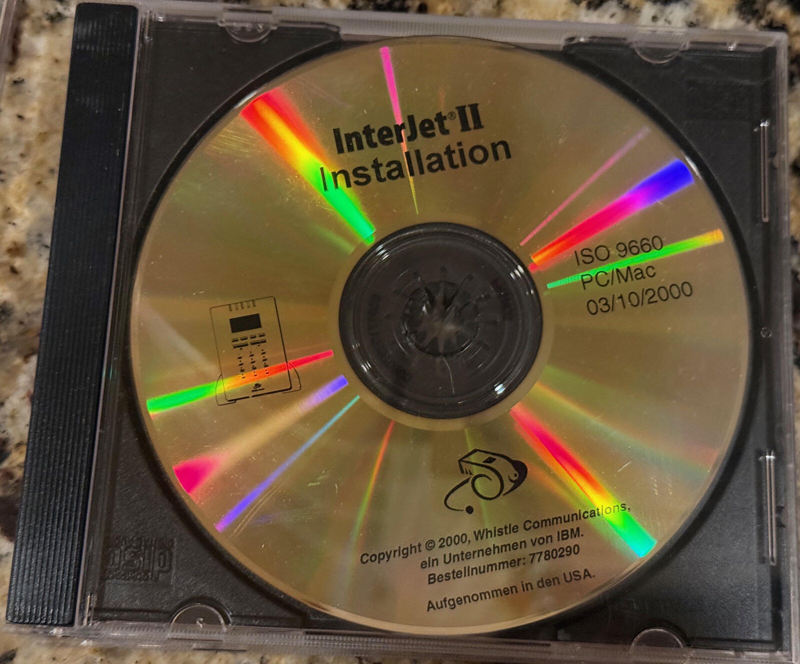 The InterJet II Installation CD, German edition: ISO 9660, PC/Mac, 03/10/2000; Whistle Communications, ein Unternehmen von IBM (an IBM company), Bestellnummer 7780290.