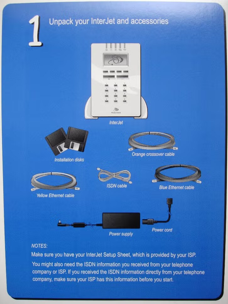 The InterJet setup card, step 1, Unpack your InterJet and accessories: installation disks, orange crossover, yellow and blue Ethernet cables, ISDN cable, power supply.