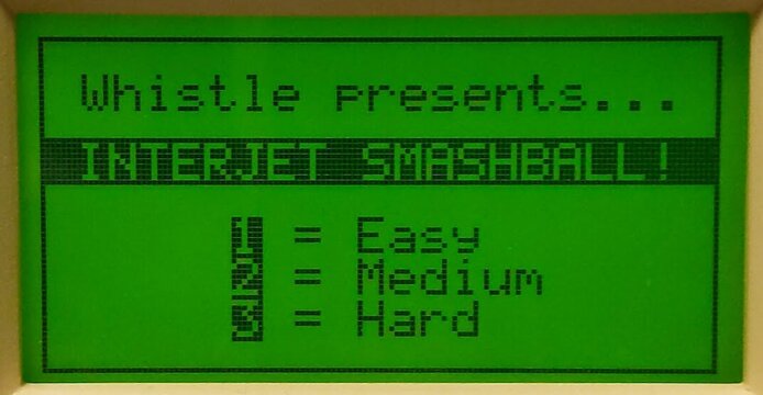 InterJet Smashball, the game hidden in WhistleWare's Diagnostics page (*#): Whistle presents... INTERJET SMASHBALL! 1 = Easy, 2 = Medium, 3 = Hard.