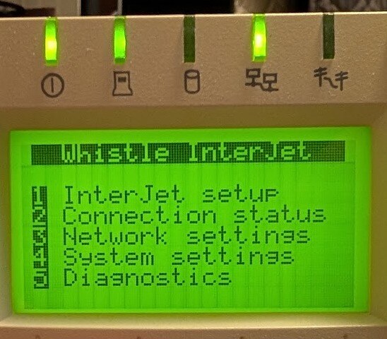The WhistleWare main menu: InterJet setup, Connection status, Network settings, System settings, Diagnostics.